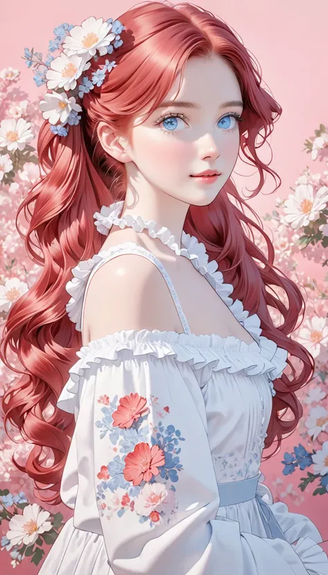 The image showcases a digitally illustrated person with long, wavy red hair , blue eyes ,styled in two low ponytails adorned with white flowers. The person is wearing an off-shoulder white top that has ruffled edges, exposing part of their shoulder and nec...