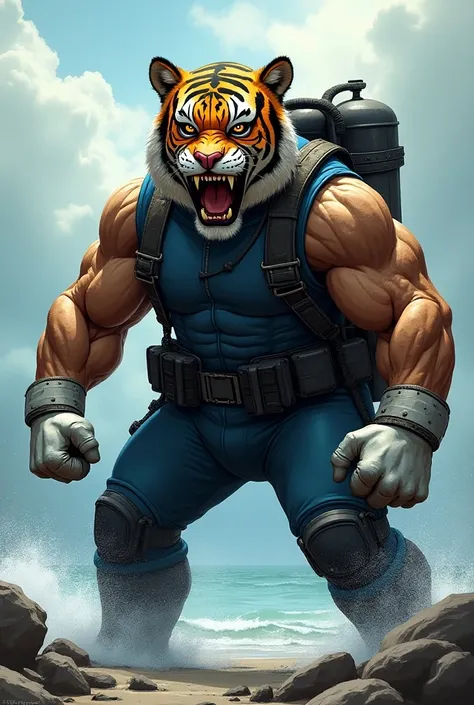 (A rugged beefy very muscular bulky chubby angry old man), (wearing blue wetsuit), (wearing realistic roaring tiger mask), fist up pose, wearing rebreather, wearing bulky scuba gear, carrying a rocket launcher, muscular physique, toned muscles, fierce, her...