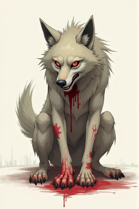 A red-eyed, white-eyed anthromorphic wolf growling in pain while holding a bleeding wound, sketch style