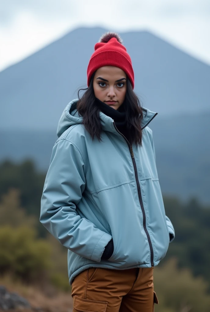 Real human photo shot from sideway, , Fika is a young woman with shoulder length  wavy  black hair and fair skin. She has well-defined eyebrows, large black eyes, and a neutral expression on her face. She is wearing a zippedn up plain light blue  winter ja...