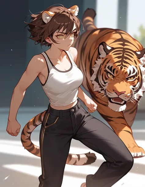  sister model ,Tiger Ear, brown hair, In Yellow Eyes ,Fierce face, with tail ,Short hair, Medium Bust, Trousers,run,Dark Morning 