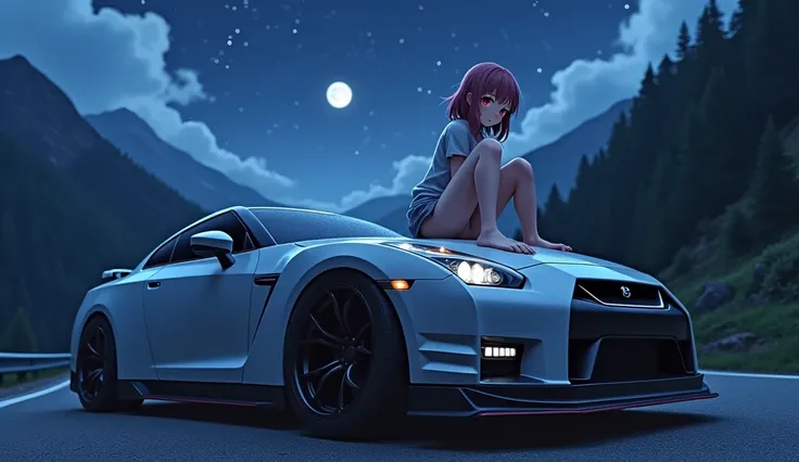  Image of an anime girl on top of a gtr35 hood, on a dark blue night ,  on an empty mountain with dark scenery . 8k ultra HD image 