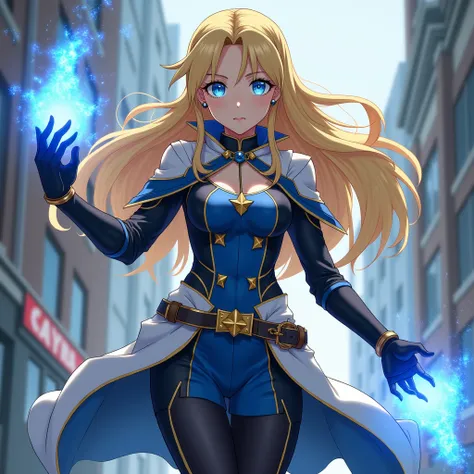 My Hero academia oc girl with long blond hair open, Blue eyes, Witch Hero Ouffit no sexy Blue, white, black and touch gold