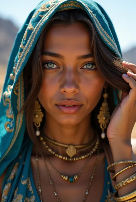 A hyper–realistic close–up portrait of a young tribal woman in traditional attire. Her tanned skin glows with a warm blush, and she wears an azure blue headscarf adorned with intricate gold embroidery. Her large, almond–shaped blue eyes reflect the ambient...