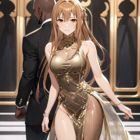 The woman is Yuki Asuna, who has beautiful bright brown hair, is walking side by side with a strong black man in a luxurious costume, wearing a vulgar flashy shiny gold see-through bodycon dress, dressed with luxurious accessories, and a strong black man i...