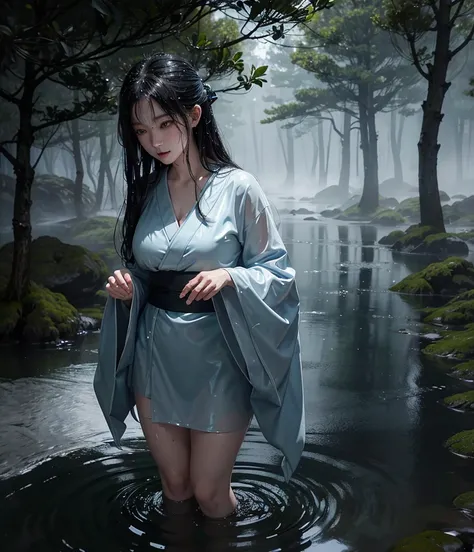 A traditional Japanese Nureonnade (Wet Woman) yokai, 8k photorealistic portrait:
- Ethereal female figure with long, dripping wet black hair
- Pale, translucent skin with a bluish tinge
- White funeral kimono, completely soaked
- Water continuously streami...