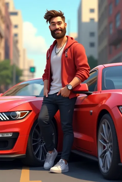 A man with beard  age 20 posing with his red mustang 3d cartoonish