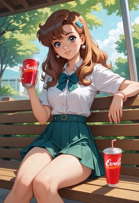 anime girl sitting on a bench with a cup of coffee, cute anime girl, anime style illustration, soda themed girl, beautiful anime high school girl, a hyperrealistic schoolgirl, anime girl, young anime girl, beautiful anime girl, anime girl drinks energy dri...