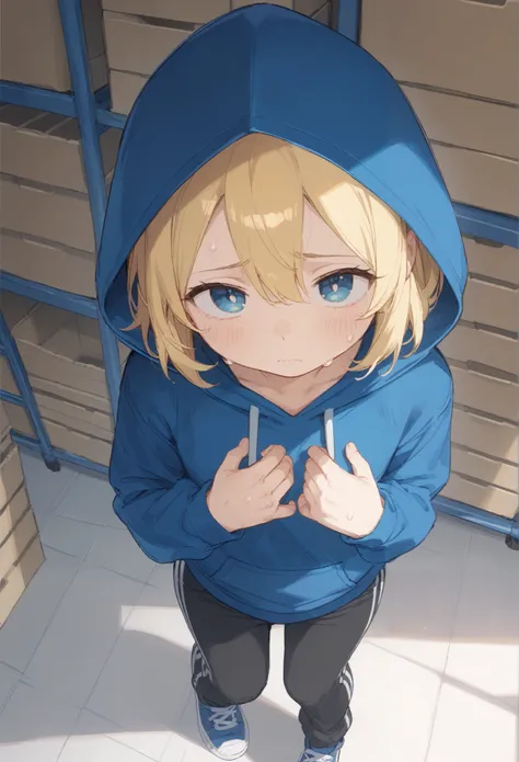 (( best quality)), ((masterpiece)), ( Details), 1girl, Alone, cute, loli, cute face, sketch-style illustration, The lines are unstable in thickness, with no highlights in eyes, medium hair, blonde hair, hair between eyes, hood, gray wide hoodie, jogger pan...