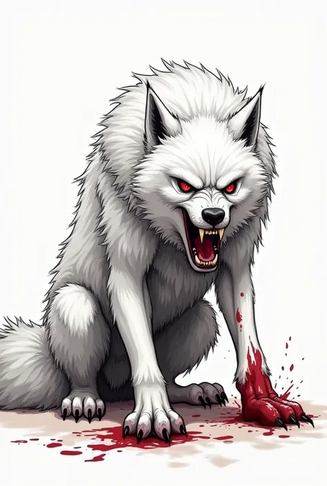 White furry wolf with red eyes growling in pain while holding a bleeding wound, sketch style