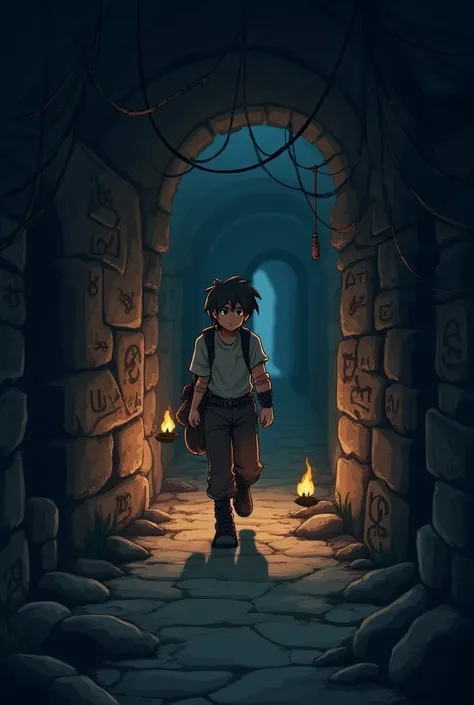 Adventurous character wearing simple clothes in an RPG dungeon, But with the pixel art , Hes following down a corridor