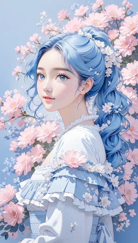 The image showcases a digitally illustrated person with long, wavy blue hair styled in two low ponytails adorned with white flowers. The person is wearing an off-shoulder white top that has ruffled edges, exposing part of their shoulder and neck. The backg...