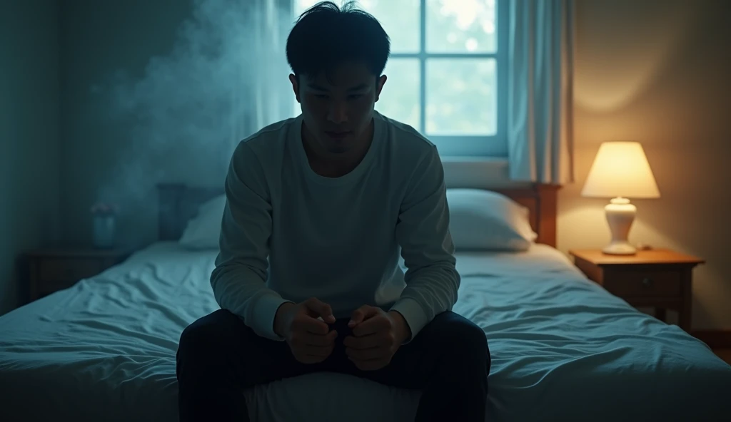 Create A realistic depiction of a 38-year-old Asian man sitting on the edge of his bed in a dimly lit bedroom at midnight. The man looks visibly angry yet determined, his brow furrowed and fists lightly clenched as he contemplates a serious problem. The ro...