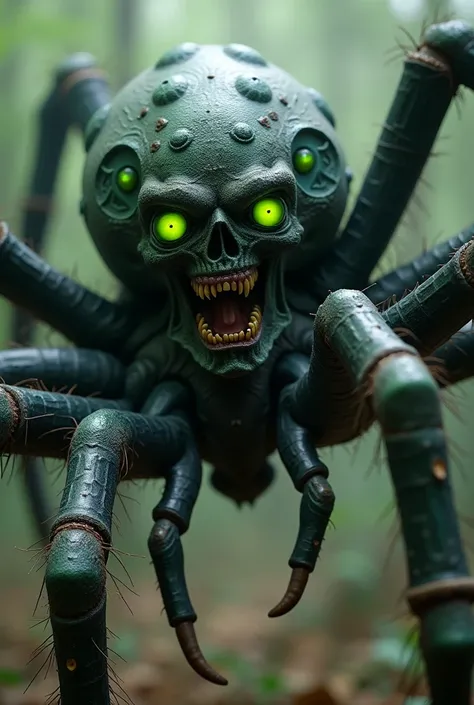  makes a humanoid spider monster 。 he has 6 bright green eyes 。 he has long arms covered with green eyes 。Also、 he has a huge mouth with fangs and a long tongue on his torso 。 his head has no mouth 、 he has 4 giant spider legs on his back 。his palm 、A fear...