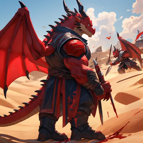 enji todoroki daddy dragon ，male，Strong build。, thick scales，There is a pair of blood red wings on the back。long, sharp teeth、Dragon horns and claws。standing on a battlefield，Wearing red armor ,skin sand color