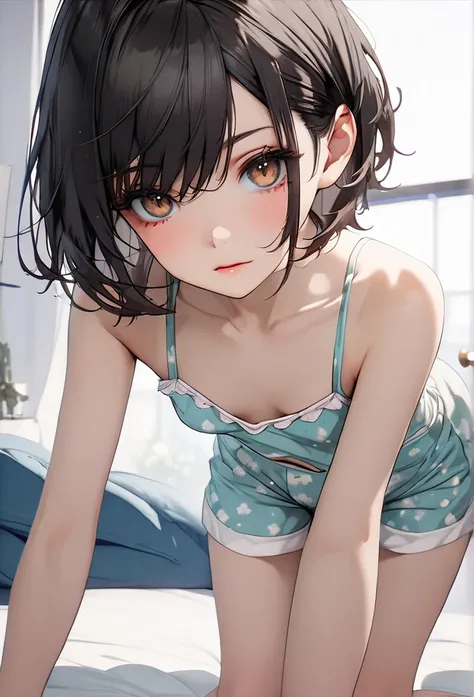  shorthair , ( Brown Eyes :1.5), Loungewear、 shorts ,  black hair 、Bob, ( small breasts:1.2), break looking at viewer, break outside, break (masterpiece:1.2),  best quality,  high definition ,  unity 8k Wallpaper , (shape:0.8), (beautiful　Eye for detail:1....