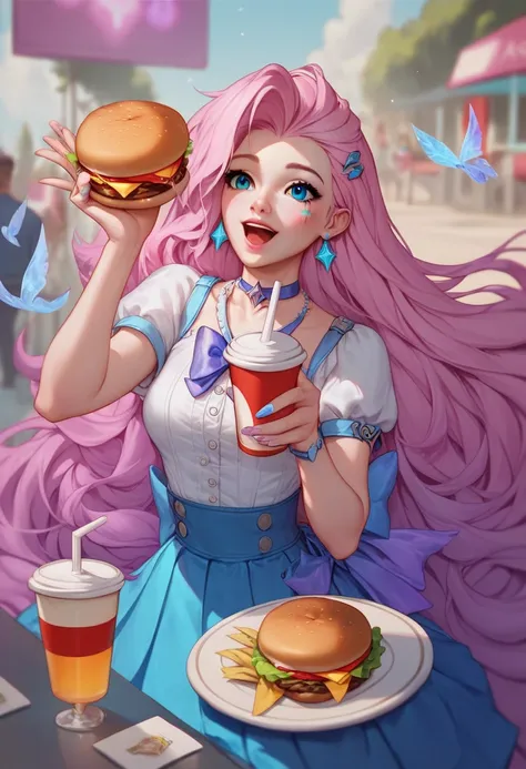 score_9, score_8_up, score_7_up, score_6_up, score_5_up, score_4_up, BREAK source_anime,1girl, clothed, Seraphine lol,, floating, happy, burger package, Beverage, league of legends Seraphine 