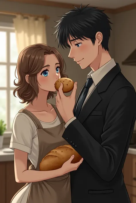 

 a man and a woman.  The woman is wearing an apron and holding a roll of bread.
white pele, thin,  download very light brown eyes,  light brown hair , wavy, at waist height,  has some freckles and spots on her face  (Outstanding Feature). 

 the man is i...