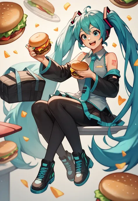 score_9, score_8_up, score_7_up, score_6_up, score_5_up, score_4_up, BREAK source_anime,1girl, clothed, hatsune miku,, floating, happy, burger package, Beverage, full body