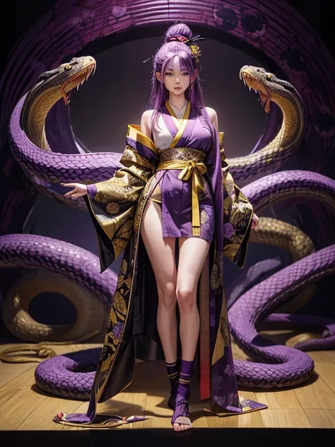  a girl with  (red iris), (VERTICAL EYE PUPIL),  HER HAIR SHAPED LIKE SEVERAL SNAKES , (Hair/purple/Of snakes ),  wearing a black and gold Japanese summer kimono,  with socks above the knees , (standing), (neutral background)