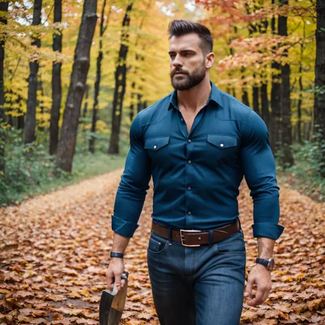 ultrarealistic ,cinematic shot ,  extremely detailed, amazing, fine detail, hyper realistic lifelike texture, dramatic lighting ,  very handsome woodcutter male in plaid shirt , unbuttoned shirt , abs , hairy chest  ,broad shoulders ,  blue jeans , belt , ...