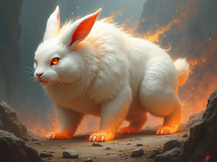 A flame white rabbit beast, red eyes, full body, master piece, wild.