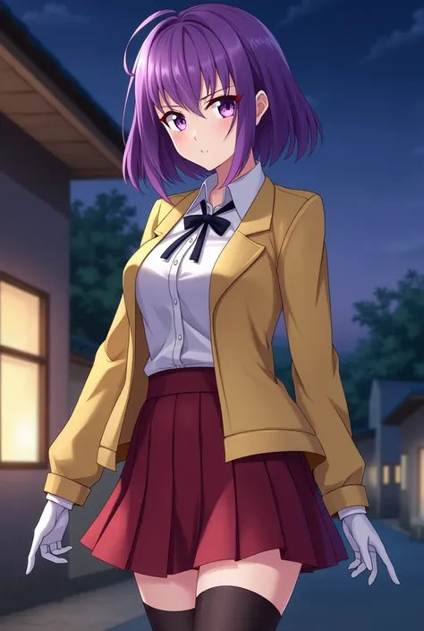 score_4_up, score_9, score_8_up, score_7_up, score_6_up, score_5_up, good_hands, high quality, extreme details, masterpiece,1girl, solo,violet purple hair, short hair, yellow school jacket , white shirt inside with a black ribbon, red skirt, purple eyes, s...