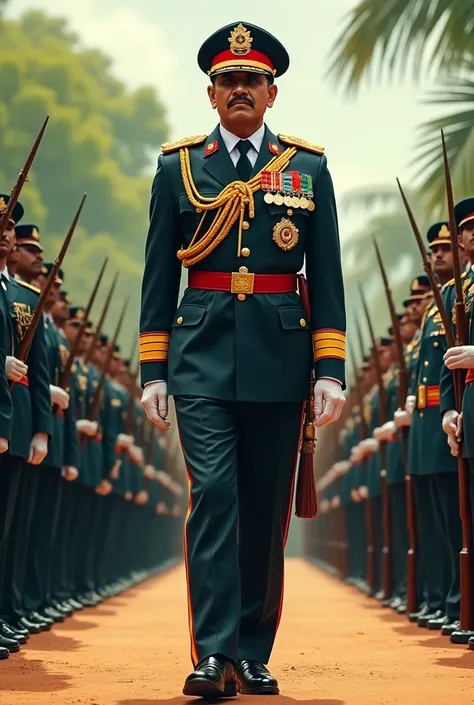 There should be a picture of a Sri Lankan military officer standing in front of a line of soldiers and giving Sanuk in the military commanders uniform.