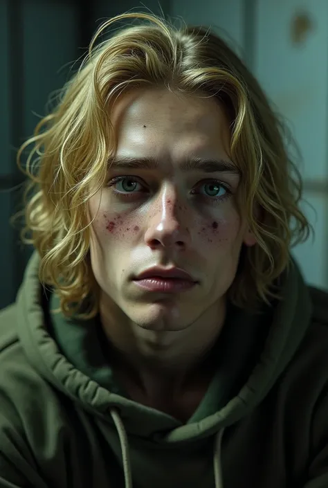 Hyper-realistic portrait of a muscular 19-year-old Finnish teen boy with long blonde hair, striking green eyes, and a subtle scar on his cheek. He has a rugged, weathered look that reflects his harsh upbringing in a nuclear shelter. His face shows signs of...