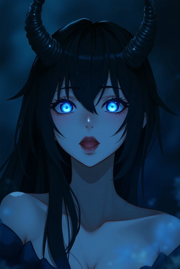 Make an anime wallpaper of a demon woman with blue eyes and horns with the prayers and tongue showing her and in the background with a supernatural black tone