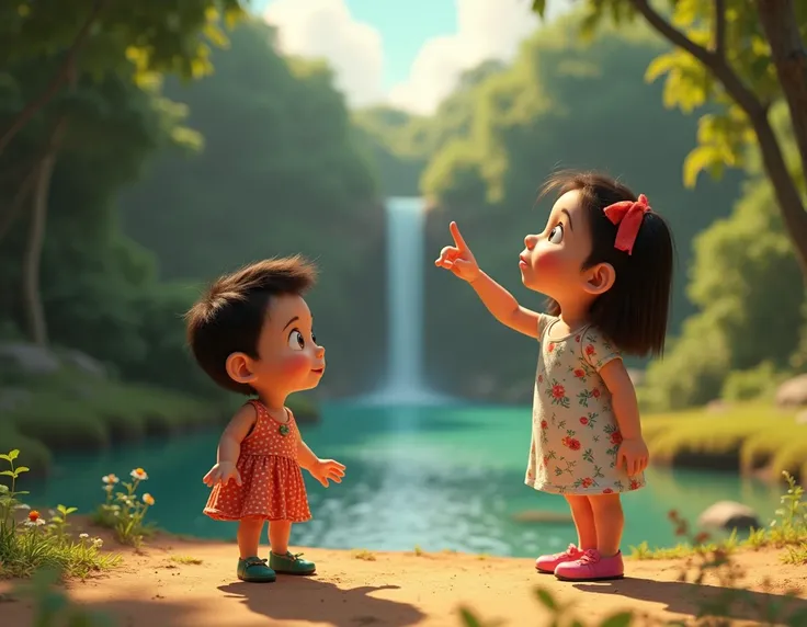 From the story Narizinho Arrebitado from Sítio do Pica-pau Amarelo, show Narizinho pointing to the clouds while talking to Emília. The scene is peaceful, with the stream and trees in the background.
Image in Disney Pixa format.