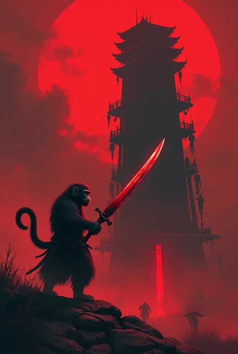 A bg with red haunted sky with creepy shadows. A tower full of dead bodies hanging to it outwards with droping blood. A monkey mixed ninja samurai holding a sword which hieght is 3times taller than him, edges filled with blood mixed red glow. 