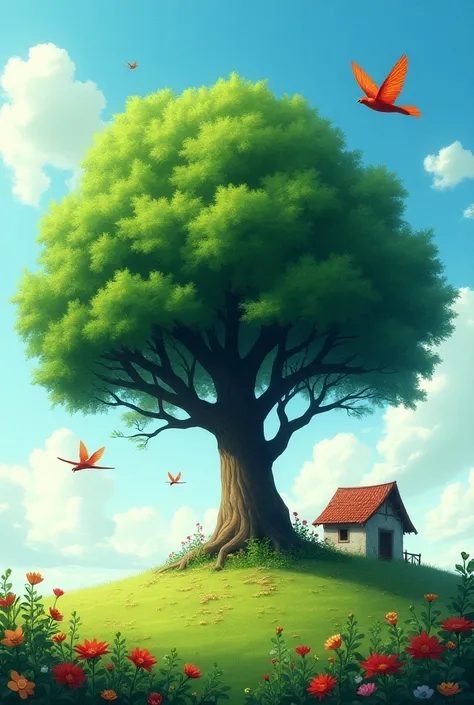 A big tree with birds flying in the sky and grass with flower an small areoplane and a small house in a nature with color