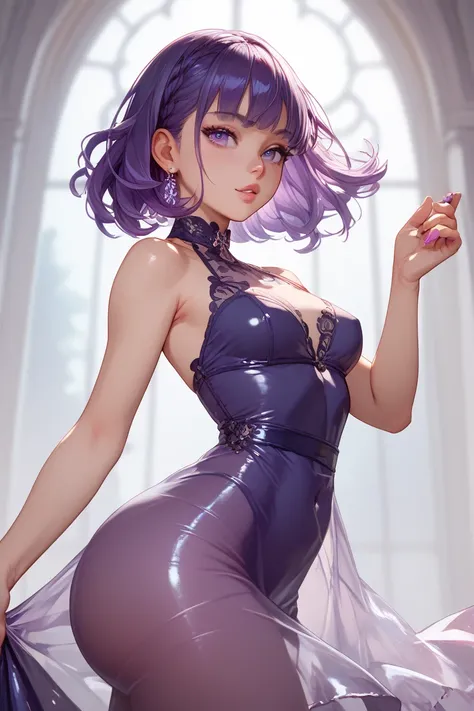 A young woman with huge tits a huge ass violet hair glassy violet eyes very transparent tight violet dress very revealing with her very sensual perverted look 