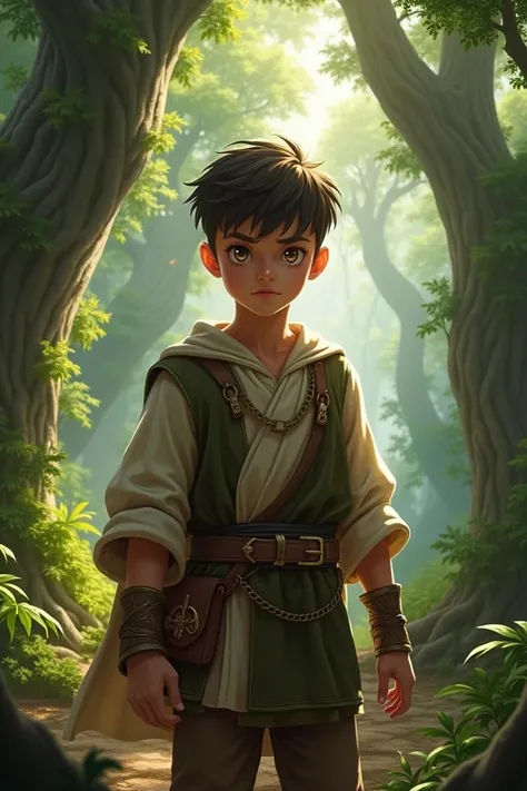 A young boy with a powerful aura, standing in a lush, ancient forest. He has a fierce and intelligent expression, and his eyes gleam with ambition.