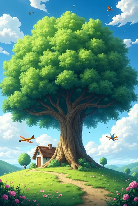 A big tree with birds flying in the sky and grass with flower an small areoplane and a small house in a nature with color