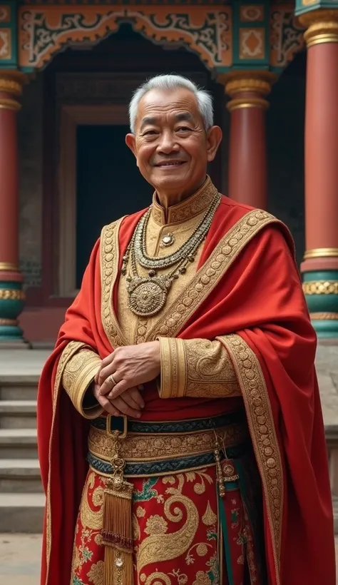 A powerful portrait of Bhimsen Thapa, the great prime minister of Nepal, dressed in traditional Nepali attire with a regal, confident expression. He stands in front of an ornate palace with intricate architecture reflecting the early 19th century. His eyes...