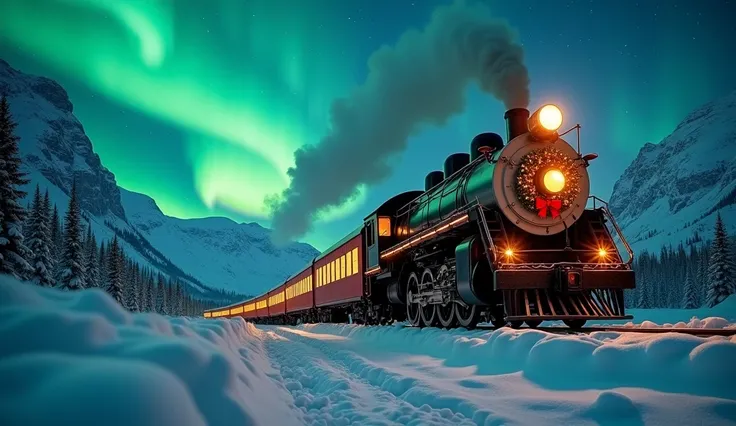 "Christmas steam train under the northern lights"

Composition: Camera slightly above, capturing the train traveling through snow-covered mountains. The sky glows with northern lights (greenish-blue hues: #00FFCC, #8A2BE2).
Lighting:
Primary light source –...