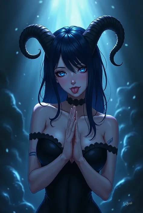  Make an anime wallpaper of a demon woman with blue eyes and horns with her prayers and tongue out. Make with the color blue black and white  