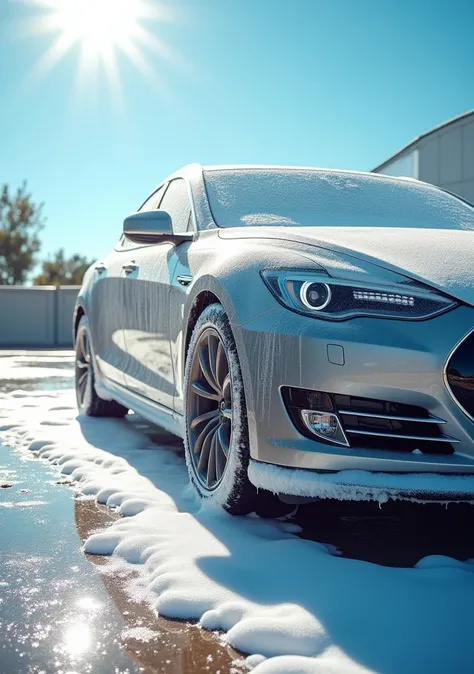 Car with foam on it under a sunny day 