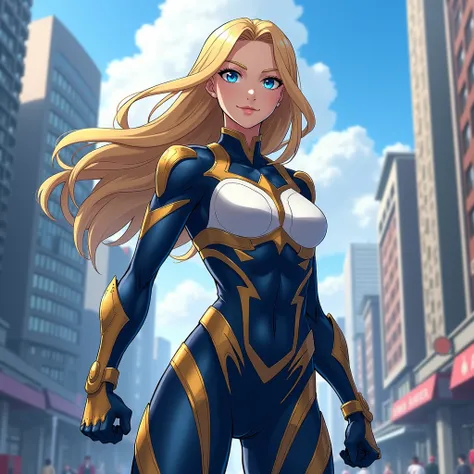 My Hero academia oc girl with long blond hair open, Blue eyes, Hero Ouffit no sexy Blue, white, black and touch gold with armor