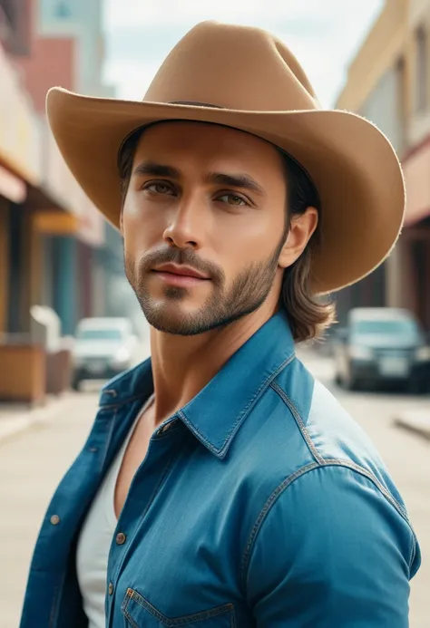 Photo,  Pierre Reshar style , an actor,  ulybka,  pretty face , Photoпортрет,  Digital Processing,  photographed with DSLR, 8 k, complex background, urban, SG-Star ,  Cowboy Hat ,  better quality,