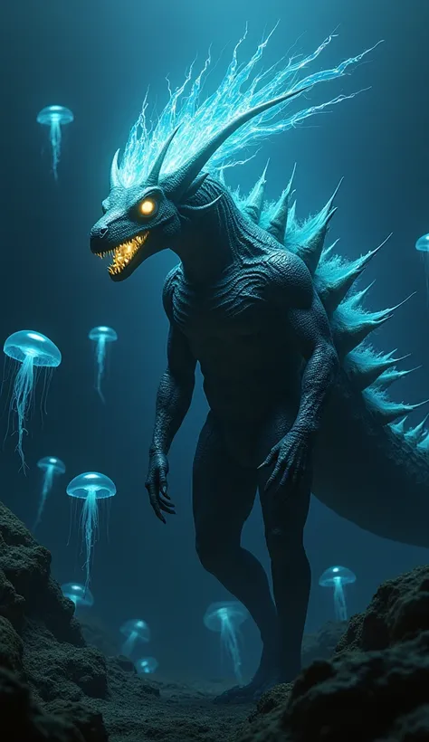 "A humanoid with the sleek, bioluminescent upper body of a deep-sea anglerfish fused with the plated, spiked armor of an ankylosaurus, lurking in pitch-black oceanic trenches surrounded by glowing jellyfish."