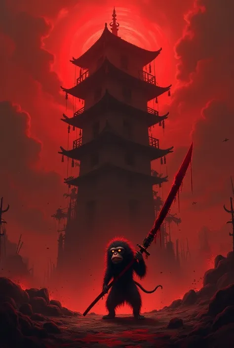 A bg with red haunted sky with creepy shadows. A tower full of dead bodies hanging to it outwards with droping blood. A monkey mixed ninja samurai holding a sword which hieght is 3times taller than him, edges filled with blood mixed red glow. 