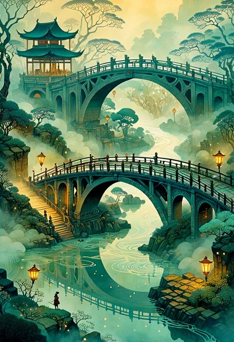 Ancient Bridge in the Fog, by Victo Ngai.
best quality, masterpiece, intricate details, ultra-detailed