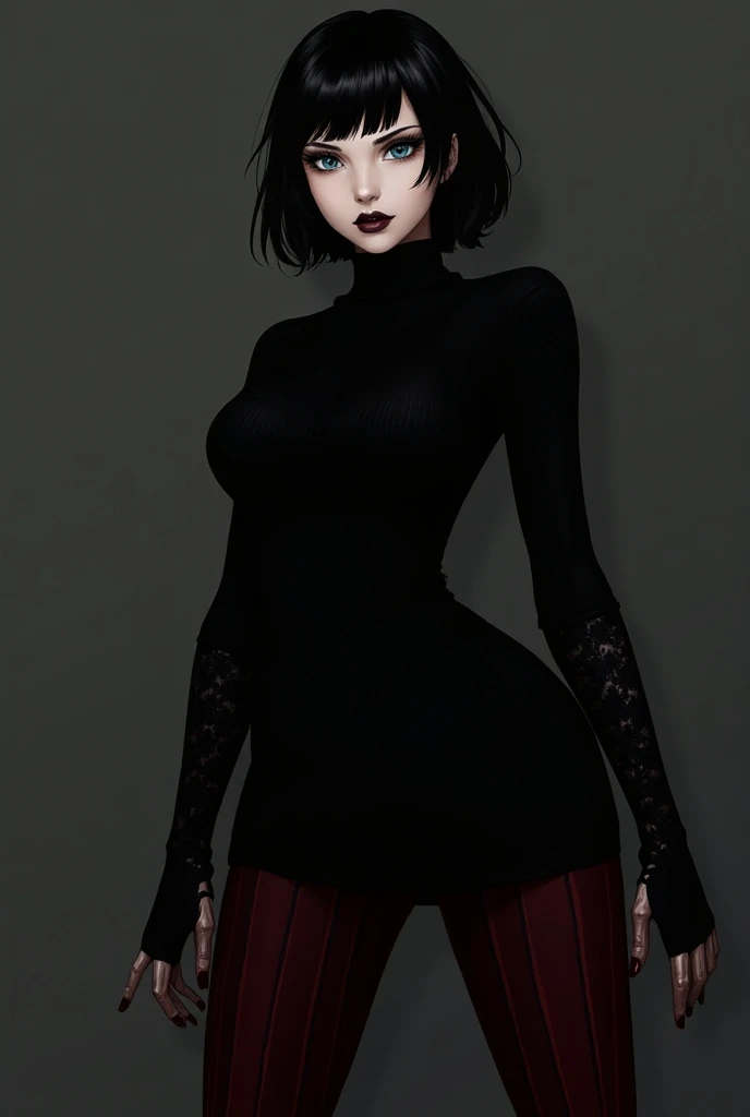 Mavis is a beautiful young vampire woman with a slim-yet-curvy figure, small fangs, pale-fair skin, light blue eyes and silky black hair kept into a flicked out bob with V-shaped bangs. She also wore black lipstick, nail polish and eyeshadow around her eye...