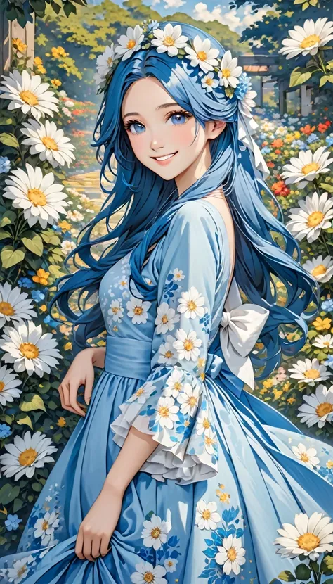 a young woman with long blue hair dressed in a blue gown with white flower on her head, 1girl, solo, flower, hair flower, hair ornament, long hair, dress, blue hair, white flower, looking at viewer, smile, white dress, brown eyes