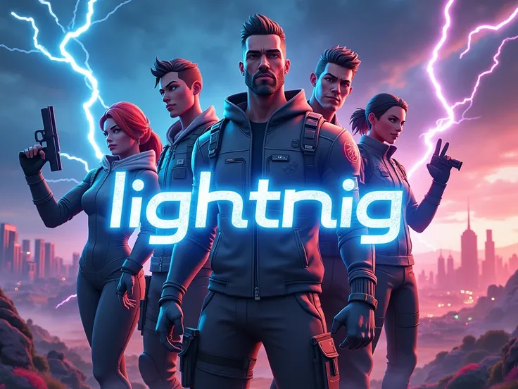 A pic mixture of Fortnite , Valorant and few other games with lightning theme and word "L1GHTNING" at centre of the pic