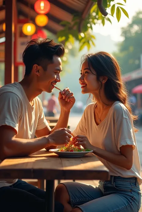 realistically, an Indonesian man with neat hair wearing a t-shirt and jeans and a beautiful woman are eating together on the side of the road. Background of a roadside restaurant, detail, UHD 16K, oil painting The lighting is bright.