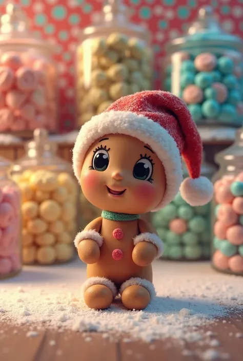  The picture is a  , An almost cute version of a gingerbread doll in a Santa Claus hat sitting in the middle of a colorful candy store . His great, dark eyes are curious .  There are numerous glass jars filled with different colors of sweets and sweets .  ...